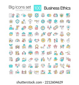 Business ethics RGB color icons set. Teamwork in workplace. Reaching goals together. Isolated vector illustrations. Simple filled line drawings collection. Editable stroke. Quicksand-Light font used