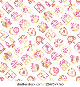 Business ethics seamless pattern with thin line icons: connection, union, trust, honesty, responsibility, justice, commitment, no to racism, gender employment, core values. Vector illustration.