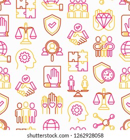 Business ethics seamless pattern with thin line icons: connection, union, trust, honesty, responsibility, justice, commitment, no to racism, gender employment, core values. Vector illustration.