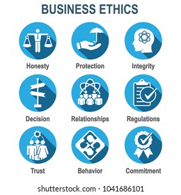 Business Ethics Solid Icon Set with Honesty, Integrity, Commitment, & Decision