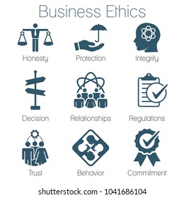 Business Ethics Solid Icon Set With Honesty, Integrity, Commitment, & Decision