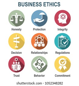 Business Ethics Solid Icon Set with Honesty, Integrity, Commitment, & Decision