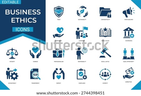 Business ethics solid icon set featuring compliance, transparency, ethics, moral, law, honesty, and corporate. Professional vector set for business standards.
