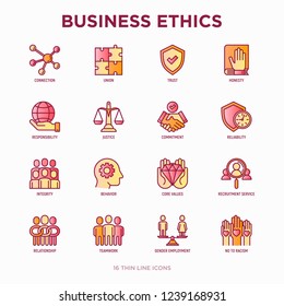 Business ethics thin line icons set: connection, union, trust, honesty, responsibility, justice, commitment, no to racism, teamwork, gender employment, core values. Modern vector illustration.