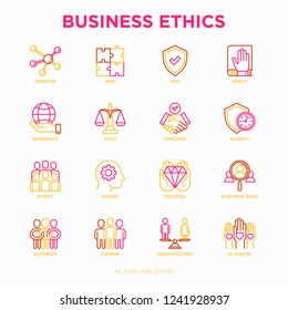 Business ethics thin line icons set: connection, union, trust, honesty, responsibility, justice, commitment, no to racism, recruitment service, teamwork, gender employment. Vector illustration.