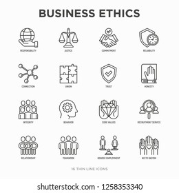 Business ethics thin line icons set: connection, union, trust, honesty, responsibility, justice, commitment, no to racism, recruitment service, teamwork, gender employment. Modern vector illustration.