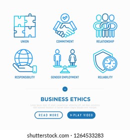 Business ethics thin line icons set: union, commitment, relationship, responsibility, gender employment, reliability. Vector illustration.