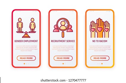 Business ethics thin line icons set: no to racism, recruitment service, gender employment. Vector illustration for user mobile interface.
