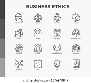 Business ethics thin line icons set: connection, union, trust, honesty, responsibility, justice, commitment, no to racism, teamwork, gender employment, core values. Modern vector illustration.
