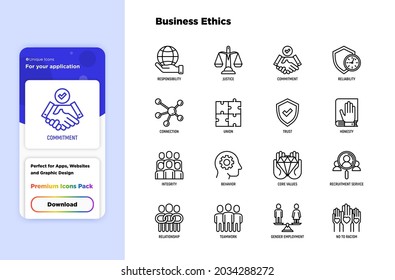 Business Ethik dünnen Linie Symbole gesetzt. Verantwortung, Vertrauen, Ehrlichkeit, Gerechtigkeit, Engagement, Nein zu Rassismus, Rekrutierungsdienst, Teamarbeit, Beschäftigung von Männern und Frauen. Vektorgrafik.