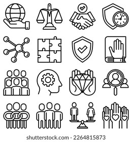 Business ethics thin line icons set: connection, union, trust, honesty, responsibility, justice, commitment, no to racism, recruitment service, teamwork, gender employment. Modern vector illustration.