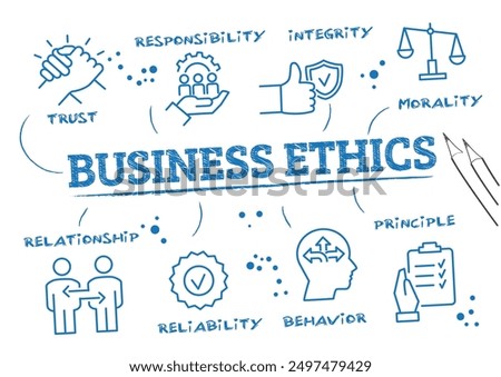 Business ethics vector illustration concept with keywords and icons on white background