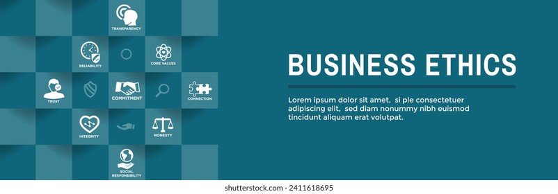 Business Ethics Web Banner Icon Set with Honesty, Integrity, Commitment, and Decision