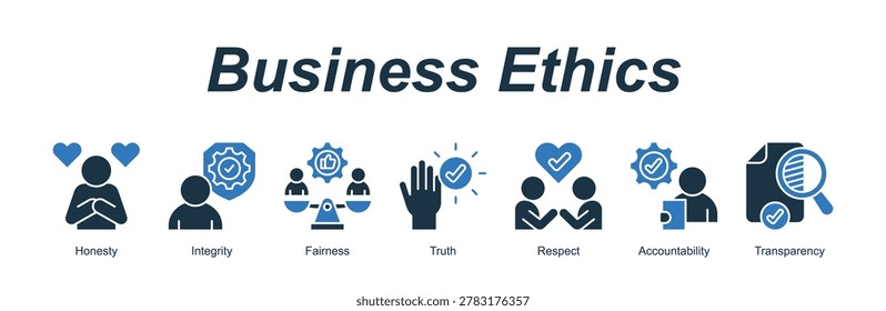 Business Ethics web banner icon concept for with icon of Honesty, Integrity, Fairness, Truth, Respect, Accountability, Trans.