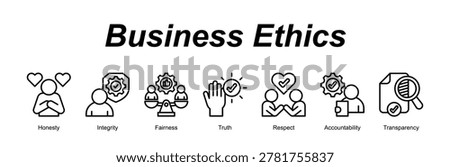 Business Ethics web banner icon concept for with icon of Honesty, Integrity, Fairness, Truth, Respect, Accountability, Trans.