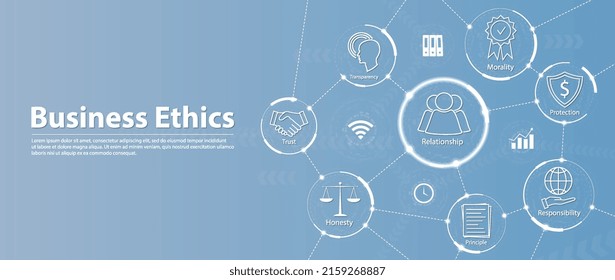 Business ethics web banner icons set - honesty, integrity, commitment and decision. Business Ethics Set with Social Responsibility, Enhanced Corporate Values, Reliability, Disclosure, Trust, Teamwork.