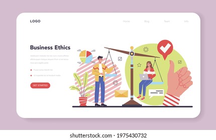 Business ethics web banner or landing page. Corporate relations and culture. Corporate regulations compliance. Company policy and business course. Isolated flat vector illustration