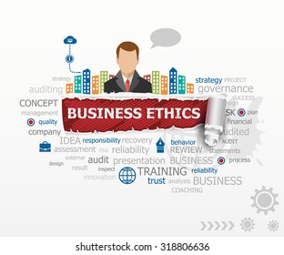 Business Ethics word cloud concept and business man. Business Ethics design illustration concepts for business, consulting, finance, management, career.