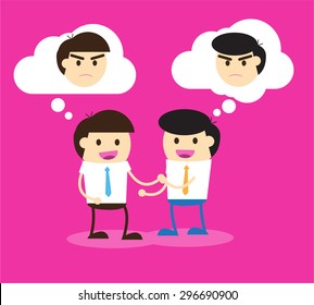 Business etiquette forbids show negative emotions. Insincere partnership, Businessman handshake, illustration vector design. smile, crafty. businessman