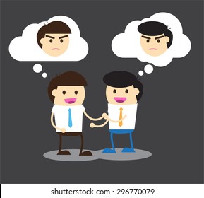 Business etiquette forbids show negative emotions. Insincere partnership, Businessman handshake, illustration vector design. smile, crafty. businessman