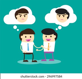 Business etiquette forbids show negative emotions. Insincere partnership, Businessman handshake, illustration vector design. smile, crafty