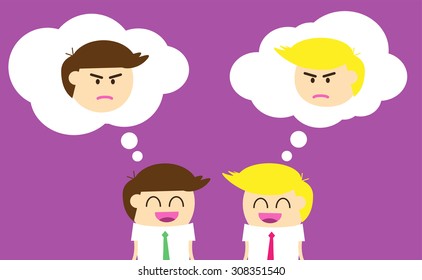 Business etiquette forbids show negative emotions. Insincere partnership, Businessman, illustration vector design. smile, crafty