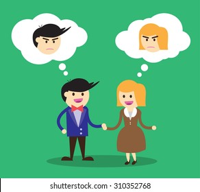 Business etiquette forbids show negative emotions. Insincere partnership, Businessman, illustration vector design. smile, crafty, ungrateful, unthankful, recreant, treacherous, renegade, feline