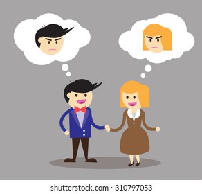 Business etiquette forbids show negative emotions. Insincere partnership, Businessman, illustration vector design. smile, crafty. recreant, treacherous, renegade, feline. betray, revolt, betray
