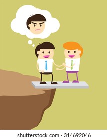 Business etiquette forbids show negative emotions. Insincere partnership, Businessman handshake, illustration vector design, crafty. business man standing on the edge of a cliff. betray, revolt,bewray