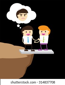 Business etiquette forbids show negative emotions. Insincere partnership, Businessman handshake, illustration vector design, crafty. business man standing on the edge of a cliff. betray, revolt,bewray