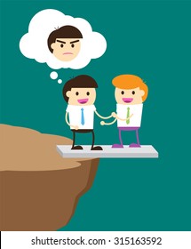 Business etiquette forbids show negative emotions. Insincere partnership, Businessman handshake, illustration vector design, crafty. business man standing on the edge of a cliff. betray, revolt,bewray