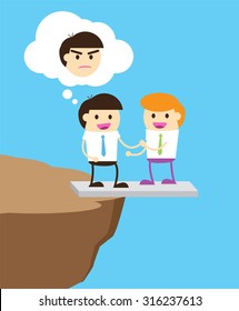 Business etiquette forbids show negative emotions. Insincere partnership, Businessman handshake, illustration vector design, crafty. business man standing on the edge of a cliff. betray, revolt,bewray