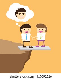 Business etiquette forbids show negative emotions. Insincere partnership, Businessman handshake, illustration vector design, crafty. business man standing on the edge of a cliff. betray, revolt,bewray