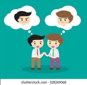 Business etiquette forbids show negative emotions. Insincere partnership, Businessman handshake, illustration vector design. smile, crafty