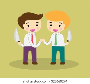 Business etiquette forbids show negative emotions. Insincere partnership, Businessman, illustration vector design. smile, crafty, ungrateful, unthankful, recreant, treacherous, renegade, feline, knife