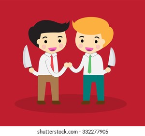 Business etiquette forbids show negative emotions. Insincere partnership, Businessman handshake, illustration vector design. smile, crafty. businessman