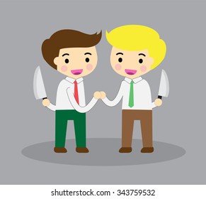 Business etiquette forbids show negative emotions. Insincere partnership, Businessman, illustration vector design. smile, crafty, ungrateful, unthankful, recreant, treacherous, renegade, feline, knife