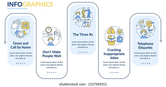 Business etiquette rectangle infographic template. Set of rules. Data visualization with 5 steps. Process timeline info chart. Workflow layout with line icons. Lato-Bold, Regular fonts used