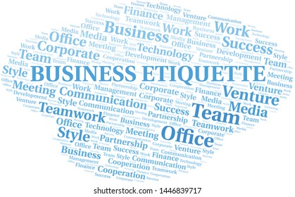 Business Etiquette word cloud. Collage made with text only.