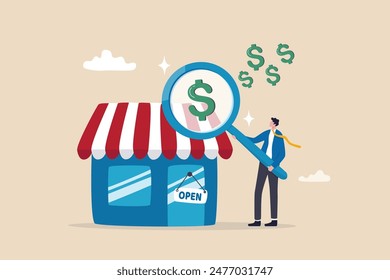 Business evaluation, analyze company worth or market value, merger and acquisition to determine corporate valuation, revenue profit or earning concept, businessman evaluate company with dollar money.