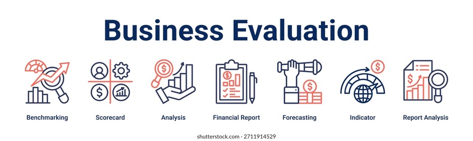 Business Evaluation Banner Web-Symbol Vektorgrafik-Konzept für Unternehmen mit Symbol von Benchmarking, Scorecard, Analyse, Finanzbericht, Prognose, Indikator, Bericht.