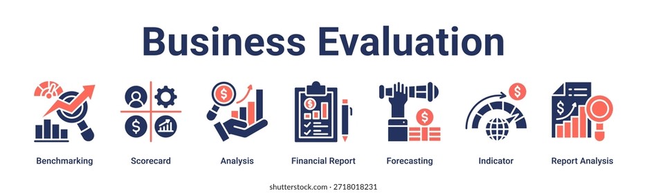 Business Evaluation banner ícone da Web vetor ilustração conceito para negócios com ícone de Benchmarking, Scorecard, Análise, Relatório Financeiro, Previsão, Indicador, Relatório.