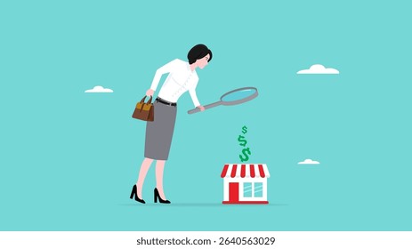 business evaluation, merger and acquisition to determine corporate valuation, revenue profit or business earning, analyze company worth or market value, businesswoman analyze company with dollar money