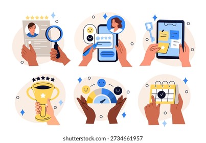 Business evaluation process with metrics, key results, goals and feedback in corporate management. KPI analysis, employee development, expectation, continuous improvement vector illustration.
