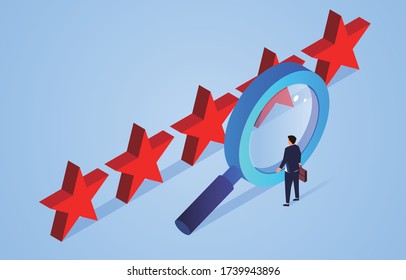 Business evaluation, rating and feedback, businessman standing in front of magnifying glass and observing the star