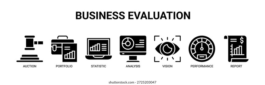 Web Concepto de Ilustración vectorial de íconos de Anuncio de evaluación de negocios para negocios con ícono de subasta, Cartera, estadística, análisis, visión, rendimiento e informe.