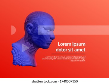 Business event invitation template. Abstract digital human head. Artificial intelligence concept. 3D vector illustration for courses, seminar, webinar or lecture.