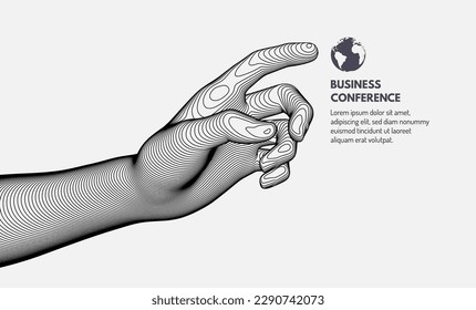 Business event invitation template. Finger pointing to information. Design elements for web. 3D vector for online courses, conference, master class, web based seminar, presentation or webinar. 