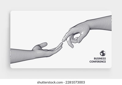 Business event invitation template. Hands reaching towards each other. Concept of human relation or partnership. Illustration for online courses, master class, seminar, presentation or webinar.