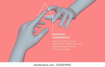 Business event invitation template. Hands with index fingers in mirror position reaching towards each other. Partnership Concept. Vector for an online course, seminar, webinar, advert or presentation.
